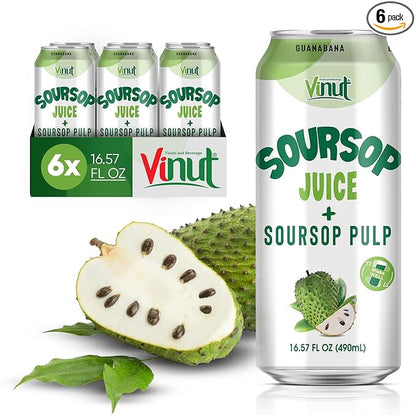 Vinut 100% Soursop Juice With Pulp (16.57 fl oz, Pack 6), No Sugar Added, Real Guanabana Soursop Graviola Drink, Fresh, Natural, Not from Concentrate (NFC)