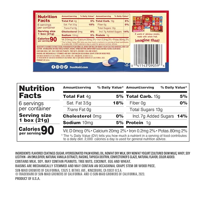 Sun-Maid Blueberry & Vanilla Yogurt Coated Raisins - (6 Pack) 0.75 oz Snack-Size Box - Yogurt Covered Dried Fruit for Lunches and Back to School Snacks