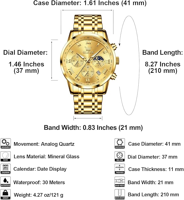 OLEVS Mens Stainless Steel Chronograph Watch, Big Face Roman Numerals Date Analog Quartz Dress Watches for Men, Fashion Multifunctional Waterproof Luminous Hands Men's Wristwatch