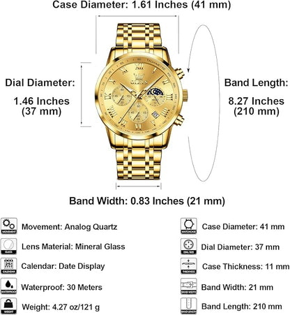 OLEVS Mens Stainless Steel Chronograph Watch, Big Face Roman Numerals Date Analog Quartz Dress Watches for Men, Fashion Multifunctional Waterproof Luminous Hands Men's Wristwatch