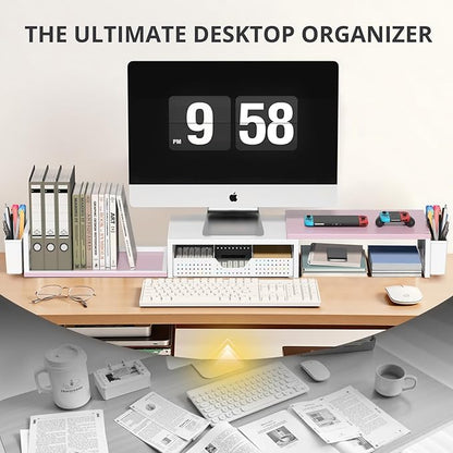 OPNICE Desk Dual Monitor Stand Riser - Desk Organizer with Drawer and Pen Holders, Office Desk Accessories & Workspace Organization, Computer Monitor Stand for Laptop, Printer(Pink＆ White)
