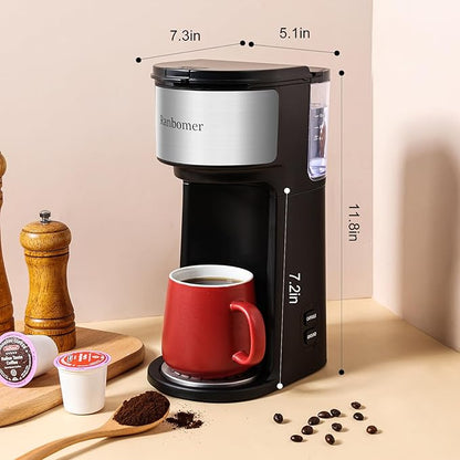 K Cup Coffee Maker, Single Serve coffee machine or Ground Coffee Machine 2 in 1, 6 to 14 Oz Brew Sizes, Mini One Cup Coffee Maker with Self cleaning Function, Fits Travel Mug (Black)