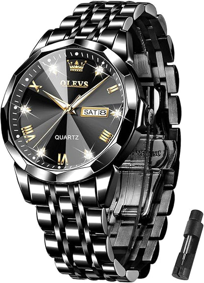 OLEVS Mens Watch Stainless Steel Analog Quartz Watches for Men Day Date Easy Read Diamond Waterproof Dress Luxury Classic Casual Big Face Blue/Black/Gold/Silver Roman Arabic Numerals Men's Wrist Watch