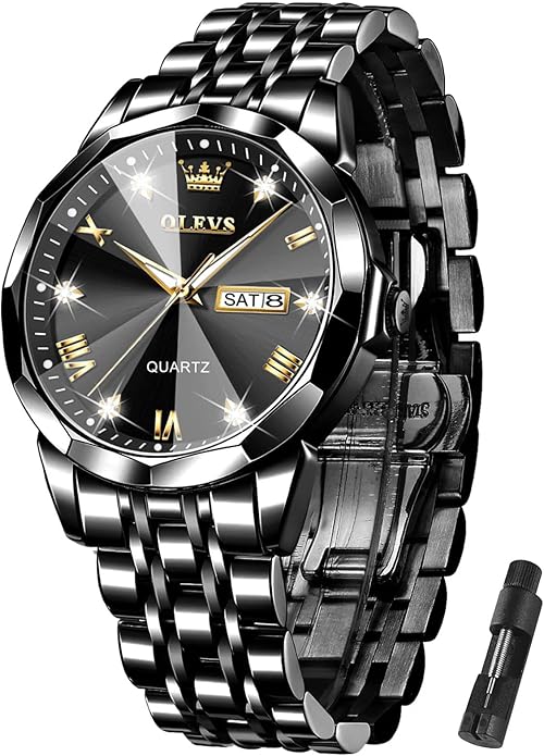 OLEVS Mens Watch Stainless Steel Analog Quartz Watches for Men Day Date Easy Read Diamond Waterproof Dress Luxury Classic Casual Big Face Blue/Black/Gold/Silver Roman Arabic Numerals Men's Wrist Watch