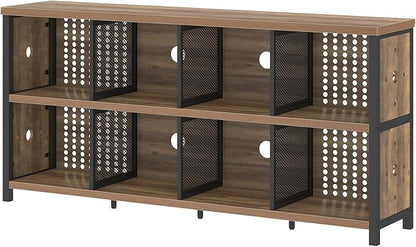 LVB Industrial Horizontal Bookshelf, 4 5 6 7 8 Cube Storage Organizer Bookcase, Modern Wide Large Book Shelf for Bedroom Living Room, Rustic Low Long Wood Metal Office Cubby Shelf, Rustic Oak, 63 Inch