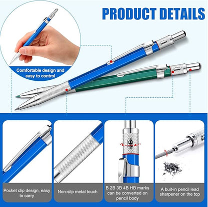 2 Pcs Welders Pencil with 48 PCS Round Refills Mechanical Pencils Metal Welding Marker for Tube Pipe Fitter Welder Steel Construction Woodworking (Silver, Black, Red, Yellow, Green)