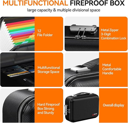 Fireproof Document Box with Lock, Large Hard Fireproof File Organizer Heat Insulated Fireproof Waterproof Box Portable Home Travel Safe Storage for Important Documents Files Laptop Passports Black