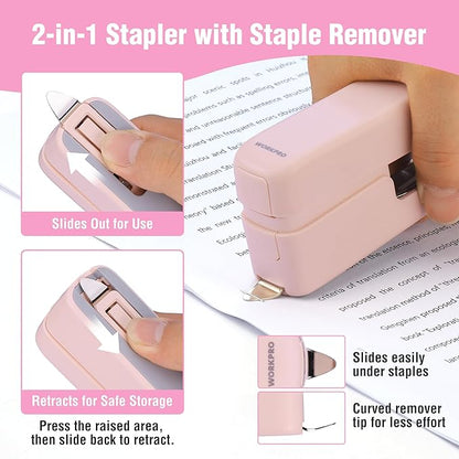WORKPRO 2-in-1 Stapler with Staples, Pink Stapler with Staple Remover, 40 Sheet Capacity, Flat Clinch, Storage Space, Includes 2000 Standard Staples - Non-Slip Office Staplers for Desk, Pink Ribbon