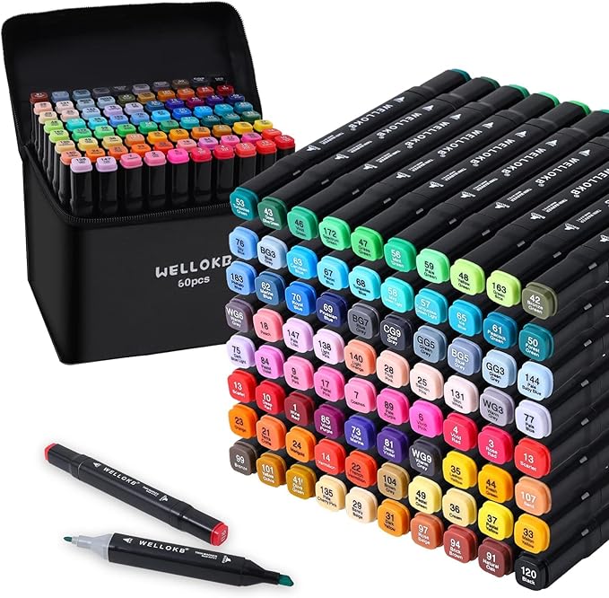 Alcohol Markers Set, 60 colors Alcohol Based Dual Tip, Broad and Brush Tip for Adult Coloring Books, Drawing, Sketching (60)