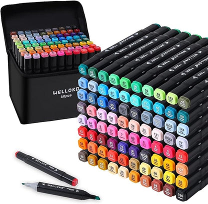 Alcohol Markers Set, 60 colors Alcohol Based Dual Tip, Broad and Brush Tip for Adult Coloring Books, Drawing, Sketching (60)
