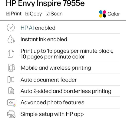 HP Envy Inspire 7955e Wireless Color Inkjet Printer, Print, scan, copy, Easy setup, Mobile printing, Best-for-home, 3 month Instant Ink trial included, AI-enabled (1W2Y8A)