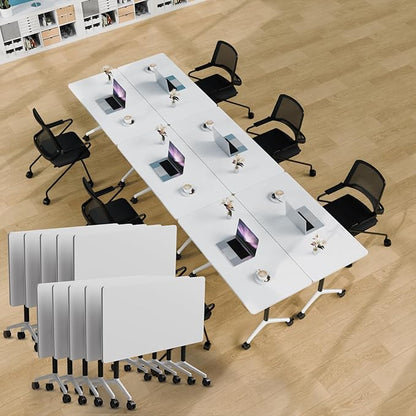 Conference Table Folding Conference Room Tables, Modern Mobile Meeting Training Table with Silent Wheels, Foldable Seminar Table for Offices, Classrooms, Libraries (10, white2, 55.1in)