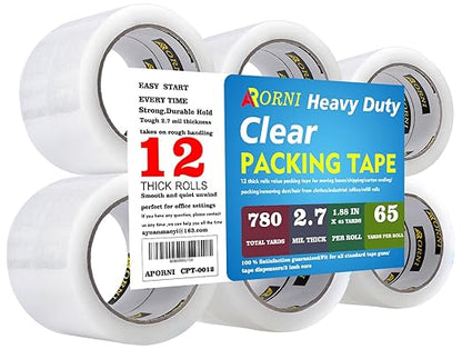 Clear Packing Tape Heavy Duty Refill Rolls Sealing Great for Packing Box Shipping and Moving Supplies Packaging 12 Rolls 1.88" x 65 Yards 3" Core 2.7 Mil Thick Adhesive
