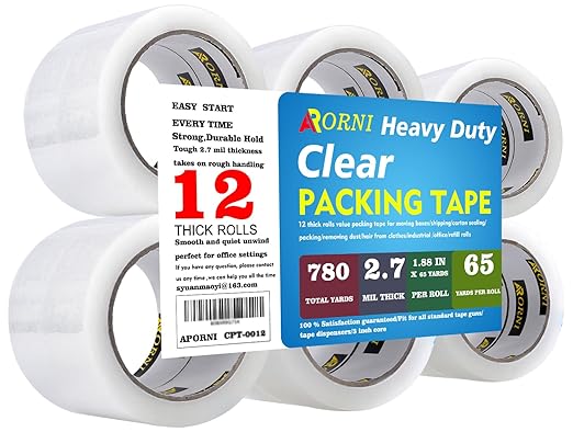 Clear Packing Tape Heavy Duty Refill Rolls Sealing Great for Packing Box Shipping and Moving Supplies Packaging 12 Rolls 1.88" x 65 Yards 3" Core 2.7 Mil Thick Adhesive