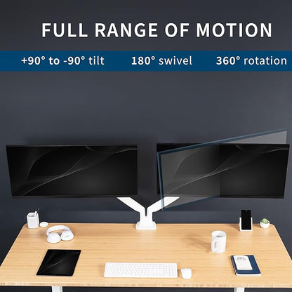 VIVO Premium Aluminum Heavy Duty Dual Monitor Arm for Ultrawide Monitors up to 40 inches and 32.5 lbs Each, Desk Mount Stand, Pneumatic Height, Max VESA 100x100, White, STAND-V202QW