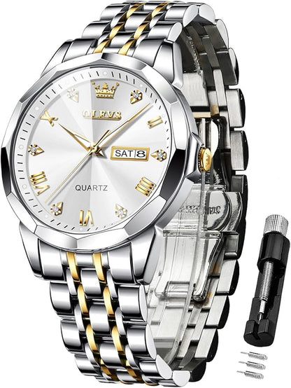 OLEVS Watches for Men Diamond Business Dress Analog Quartz Stainless Steel Date Luxury Casual Fashion Wrist Watch Waterproof Luminous