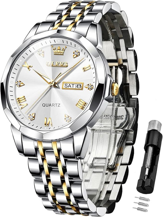 OLEVS Watches for Men Diamond Business Dress Analog Quartz Stainless Steel Date Luxury Casual Fashion Wrist Watch Waterproof Luminous