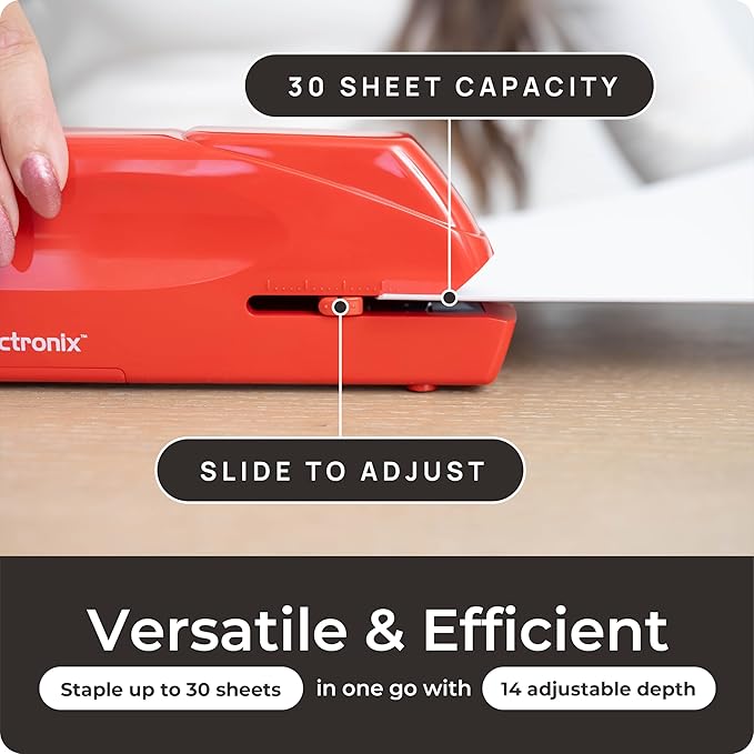 Portable Automatic Electric Stapler Pro - 30 Sheet Capacity, Quiet Operation, Jam-Free and Easy Reload - AC Adapter/Battery Powered (Red)