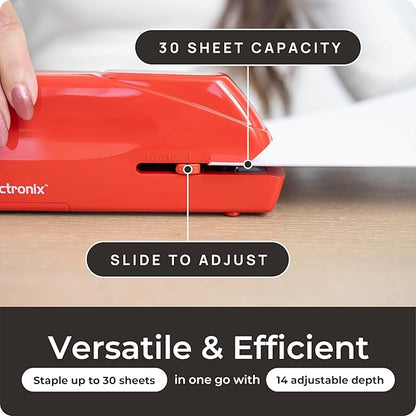 Portable Automatic Electric Stapler Pro - 30 Sheet Capacity, Quiet Operation, Jam-Free and Easy Reload - AC Adapter/Battery Powered (Red)