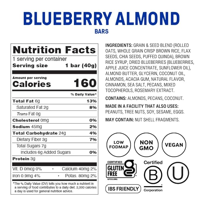 Fody Foods Snack Bars Variety Pack, 1.41 Oz (Pack of 24), Almond Coconut & Blueberry Almond, Protein Bars, Low FODMAP, Gut & IBS Friendly, Vegan, Lactose Free, Non-GMO, Gluten Free