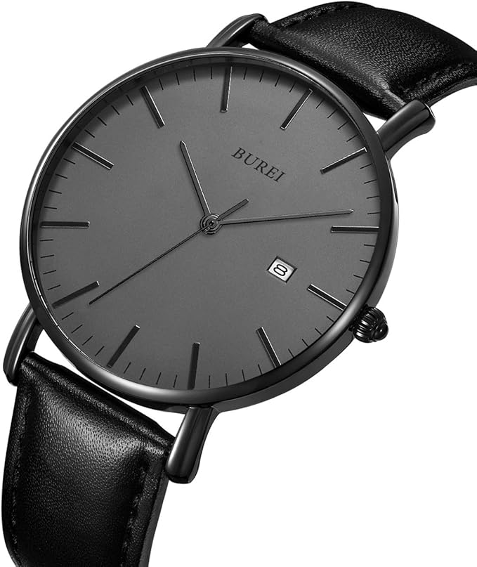 BUREI Men Watches Brown Leather Fashion Minimalist Wrist Watch Simple Ultra Thin Waterproof Quartz Watches All Black Stainless Steel Mesh Band,Gift for Men Women