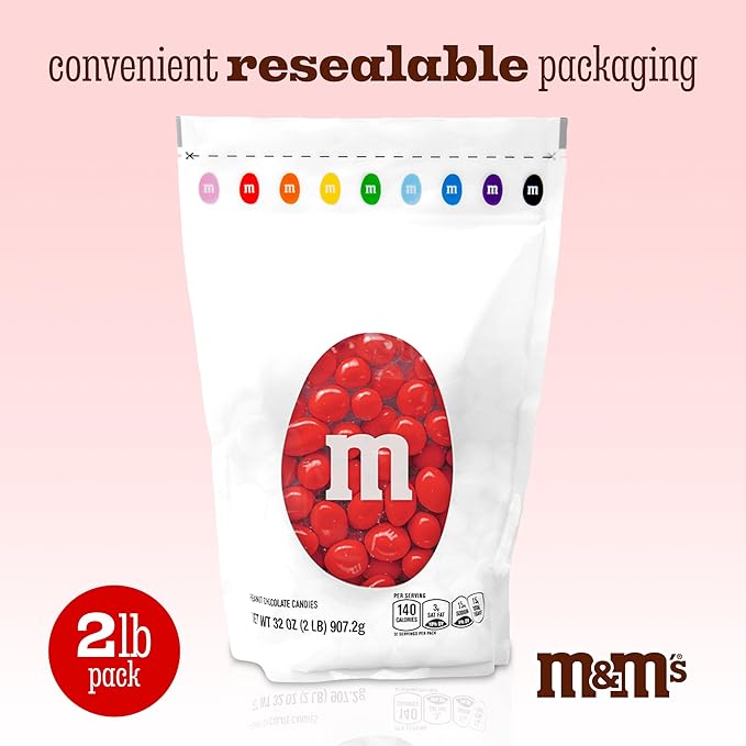 M&M’S WORLD Peanut Red Chocolate Candy 2lb Resealable Pack for Graduation Wedding 4th of July Candy Buffet Birthday Parties Candy Bar and Edible Decoration