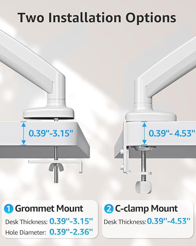 MOUNTUP Single Monitor Desk Mount Holds Screen up to 32 inch, Adjustable Gas Spring Monitor Arm, Computer Monitors Stand with Clamp/Grommet Mounting Base, VESA Mounts Fit 4.4-17.6lbs Computer, White