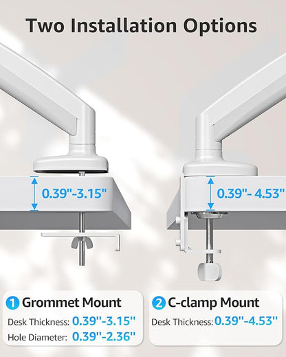 MOUNTUP Single Monitor Desk Mount Holds Screen up to 32 inch, Adjustable Gas Spring Monitor Arm, Computer Monitors Stand with Clamp/Grommet Mounting Base, VESA Mounts Fit 4.4-17.6lbs Computer, White