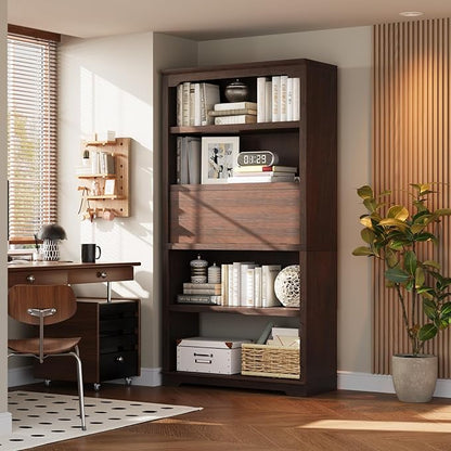 HIFYOBRO 71" Tall Bookcase, 5-Tier Open Display Storage Shelf, 37 inch Wide Freestanding Bookshelves with Flip-Down Door on 3rd Book Shelf for Home, Office, Library, 37" W * 11" D * 71" H (Cherry)