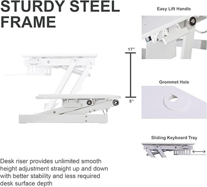 Rocelco 37.5" Height Adjustable Standing Desk Converter with Dual Monitor Mount and Slide Out Retractable Keyboard Tray - Sit Stand Up Double Screen Tabletop Riser Workstation - White (R DADRW-DM2)