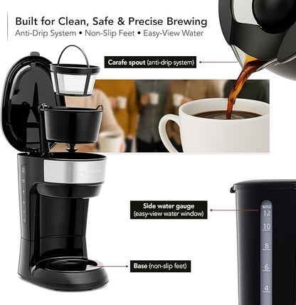 OVENTE 12-Cup Drip Coffee Maker with Borosilicate Glass Carafe, One-Touch Operation Machine, Anti-Drip System, Reusable Filter and Clear View Water Level Gauge, Ideal for Home or Office, Black CM412B