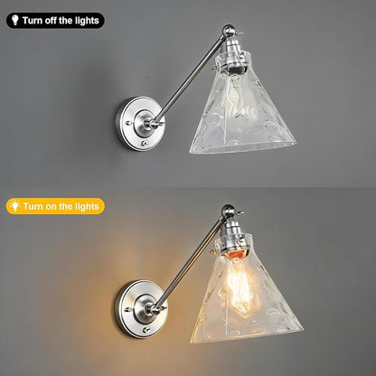 Industrial Vintage Slope Pole Wall Mount Single Sconce with Funnel Flared Clear Glass Shade, Swing Arm Wall Sconce Light Lamp Fixture Hardwired