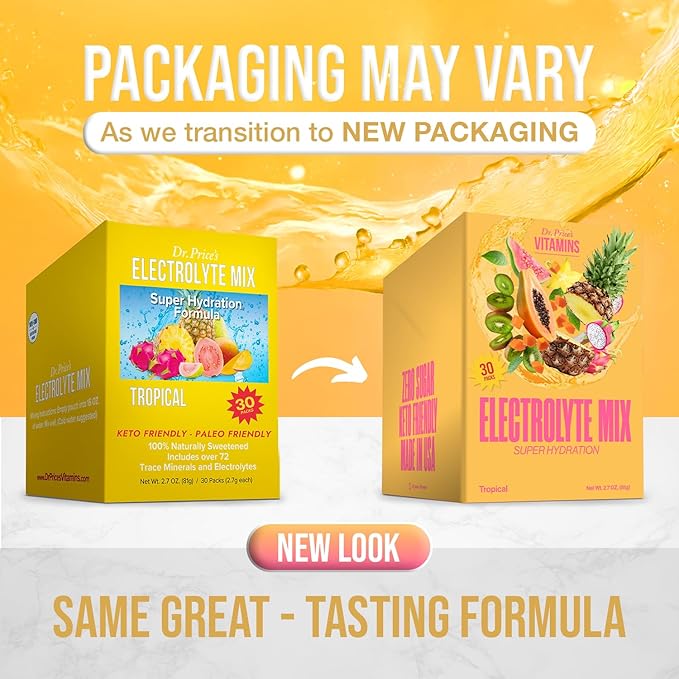Dr. Price’s Electrolytes Powder Packets | Tropical 30 Servings | Sugar Free Hydration Packets with 72+ Trace Minerals | Keto, Vegan, Electrolyte Drink Mix | Doctor-Formulated, Made in USA