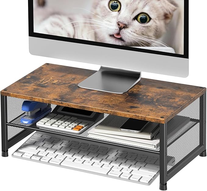 Desk Organizers and Accessories, 2-Tier Metal Computer Monitor Stand Riser, Desk Organizer for Monitor, Printer & Laptop Stand, Desktop Workspace Organizers for Office Supplies(Brown)