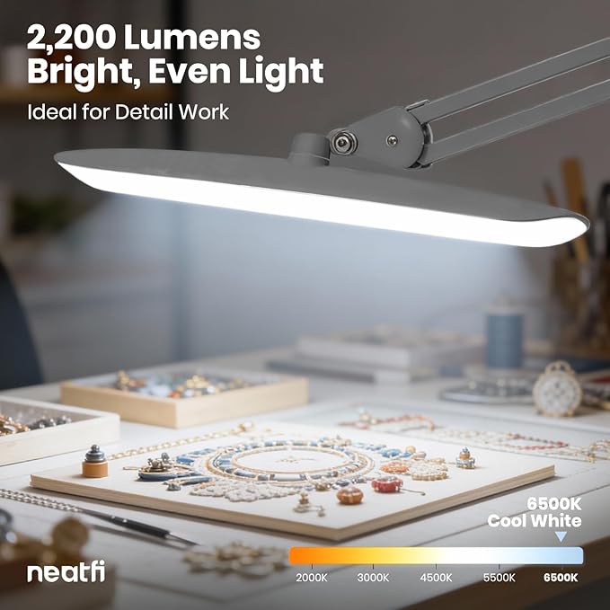 Neatfi XL LED Desk Lamp with Clamp, 2200 Lumens, 24W, 20-Inch Wide Head, Dimmable 4 Brightness Levels, Task Light for Home Office, Crafts, Workbench (Non-CCT, Silver)
