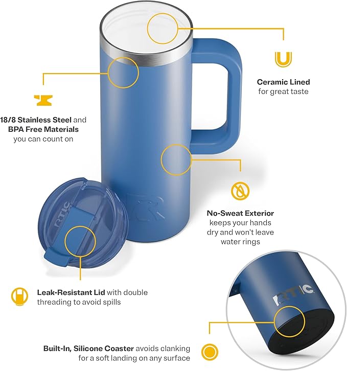 RTIC 20oz Road Trip Travel Mug with Lid and Handle, Ceramic Lined, Insulated, Stainless Steel, Metal, Double Wall Vacuum-Insulation, Portable Coffee, Tea Cup for Hot and Cold Drink, Pond