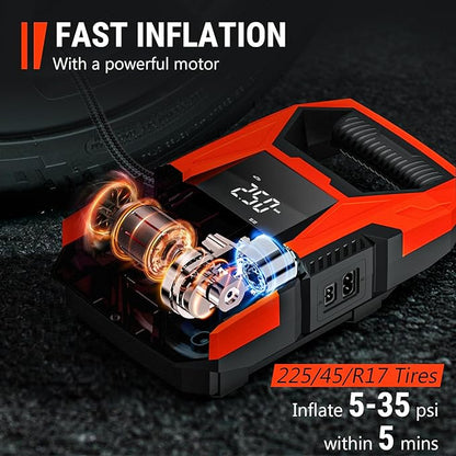 CARSUN AC/DC Tire Inflator Portable Air Compressor, Dual Power for Home 110V AC and Car 12V DC Air Pump with Pressure Gauge, Auto Shutoff, Tire Pump for Car Motorcycle Bike and Other Inflatables, Red