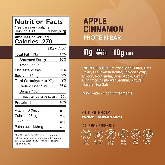 Amrita Nut Free Apple Cinnamon Vegan Protein Bars (12 Count) | 11g Plant-Based Protein Bar | Peanut Free, Gluten Free, and Dairy Free | Low Sugar, High Fiber, Healthy School-Safe Snacks