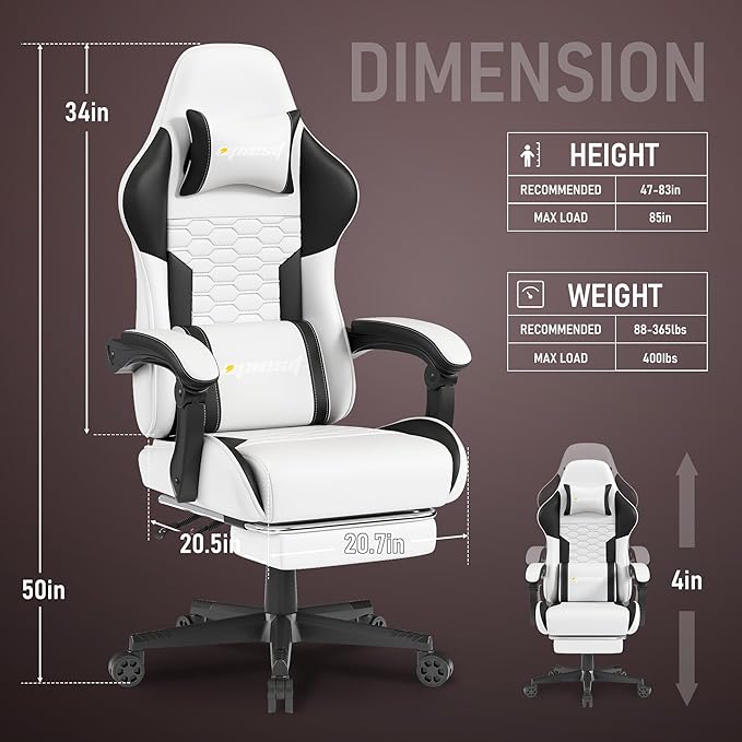 Gaming Chair, Computer Gaming Chairs with Footrest, Linkage Armrests and Lumbar Support, High Back Ergonomic Office Chair for Adults, Big and Tall Desk Chair(White)