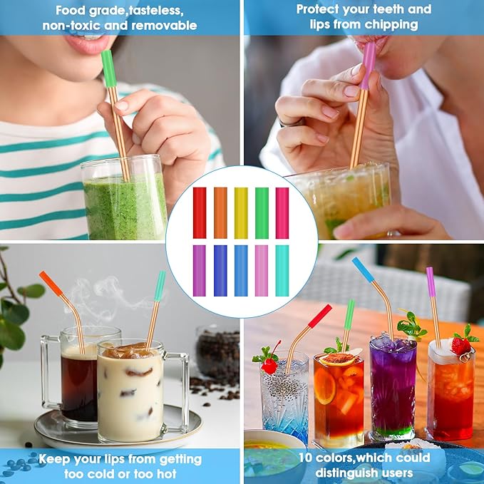 20 Pcs Rose Gold Reusable Stainless Steel Straws,10.5" & 8.5" Reusable Drinking Straws with 20 Silicone Tips 5 Straw Brushes 1 Travel Case,Eco Friendly Extra Long Metal Straw for 20 24 30 oz Tumbler