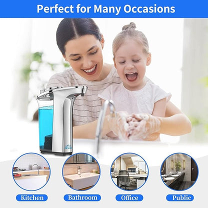 FKWin Automatic Soap Dispenser, Touchless Sensor Hand Soap Dispenser 17oz/500ml, 5 Adjustable Dispensing, Wide Opening Refillable Reservoir, Battery Powered for Bathroom & Kitchen – Silver
