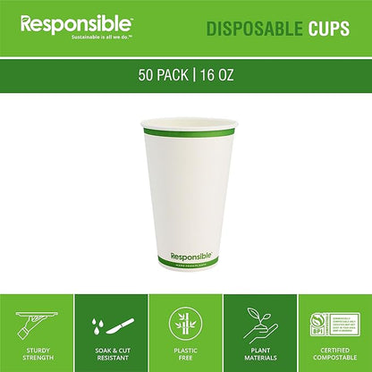 Responsible Products Certified Compostable 16 oz Paper Cups, Cold ＆ Hot Coffee Cups, Disposable Paper Cups, Extra Strength Disposable Cups, Made without PFAS (50 count)