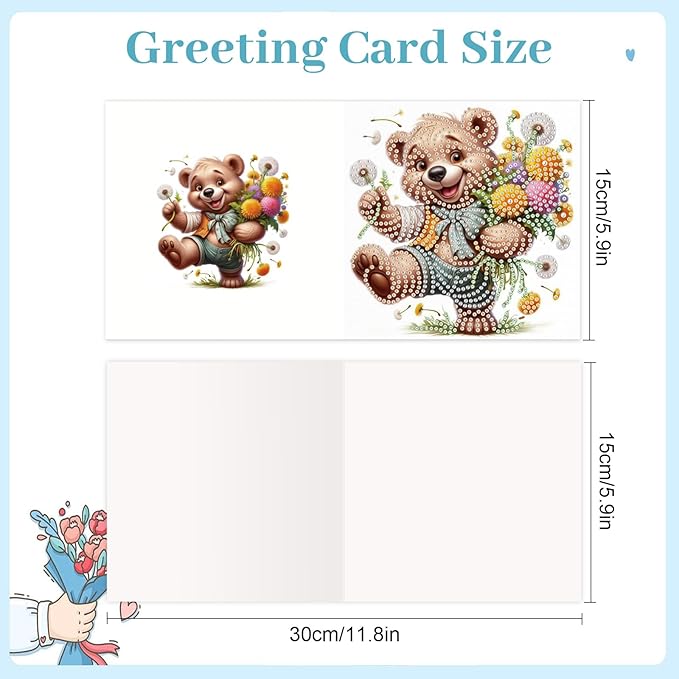 jinglinhh 12pcs Diamond Art Painting Flower Bear Greeting Cards with Envelopes, DIY Card Making Kits for Adults, Diamond Art Christmas Cards for Birthday Holiday Postcards Craft Gifts