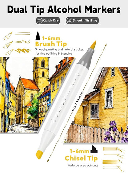 YHC 100 Alcohol Brush Marker with Free App, Chen Rui Dual Tips Art Markers for Adults, Alcohol Based Brush & Chisel Tips Markers for Drawing, Coloring, Painting, Sketching