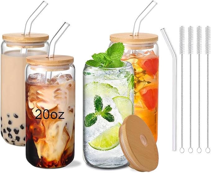 20oz Glass Cups with Lids and Straws Set of 4 – Aesthetic Large Iced Coffee Tumblers for Women, Friends, or Couples – Gift-Ready Reusable Drinkware for Home, Office, or Christmas