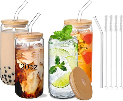 20oz Glass Cups with Lids and Straws Set of 4 – Aesthetic Large Iced Coffee Tumblers for Women, Friends, or Couples – Gift-Ready Reusable Drinkware for Home, Office, or Christmas