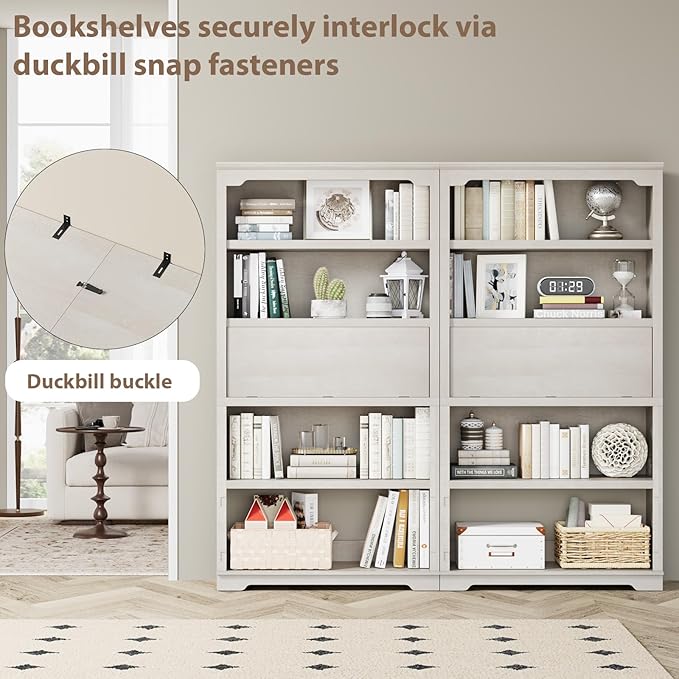 HIFYOBRO 5 Tier Bookcase Wooden 71" Tall Bookshelf with Flip-Down Door on 3rd Book Shelf, 37 in Wide Freestanding Bookshelves for Home, Office, Library (White)