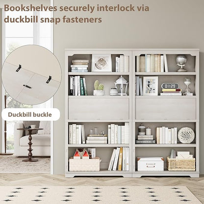HIFYOBRO 5 Tier Bookcase Wooden 71" Tall Bookshelf with Flip-Down Door on 3rd Book Shelf, 37 in Wide Freestanding Bookshelves for Home, Office, Library (White)