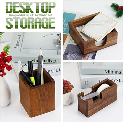 Natural Organizer Set of 3, Wooden Walnut Sticky Notes Holder Tape Dispenser Cutter and Pen Pencil Cup Holder for Women Office Home School
