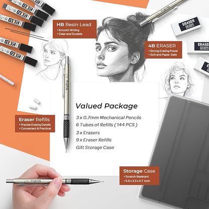 Nicpro 0.7 mm Art Mechanical Pencil Set in Storage Case, 3 PCS Metal Drafting Pencil Lead Pencil with 6 Tube HB Lead Refills, 3 Erasers, 9 PCS Eraser Refills for Artist Writing, Drawing, Sketching